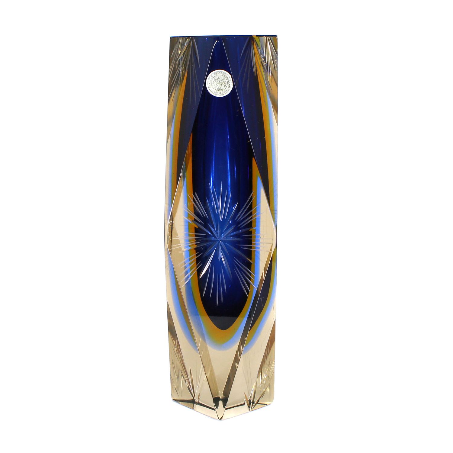 Multicolored, multi-faceted block vase with uranium-containing intermediate catch, Murano