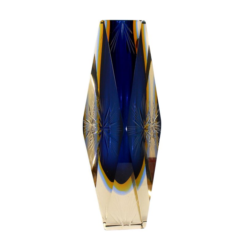 Multicolored, multi-faceted block vase with uranium-containing intermediate catch, Murano