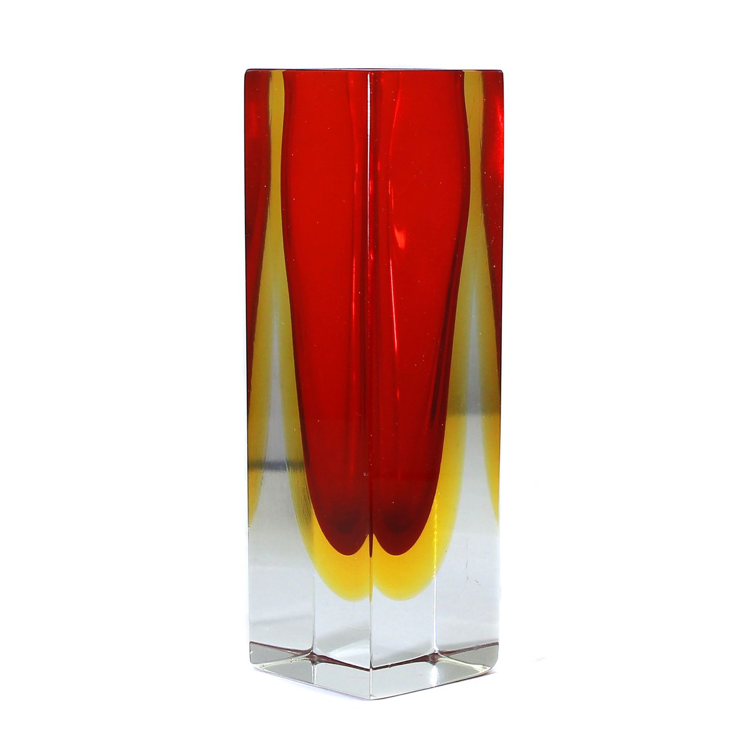 Block vase made of colorless glass with ruby red inner catch and orange-yellow intermediate catch