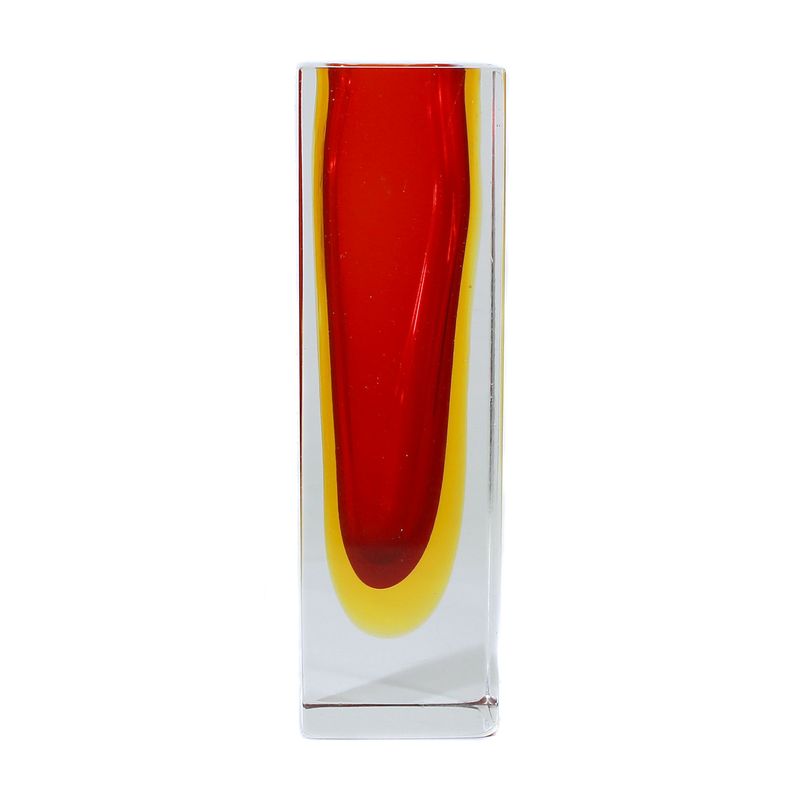 Block vase made of colorless glass with ruby red inner catch and orange-yellow intermediate catch