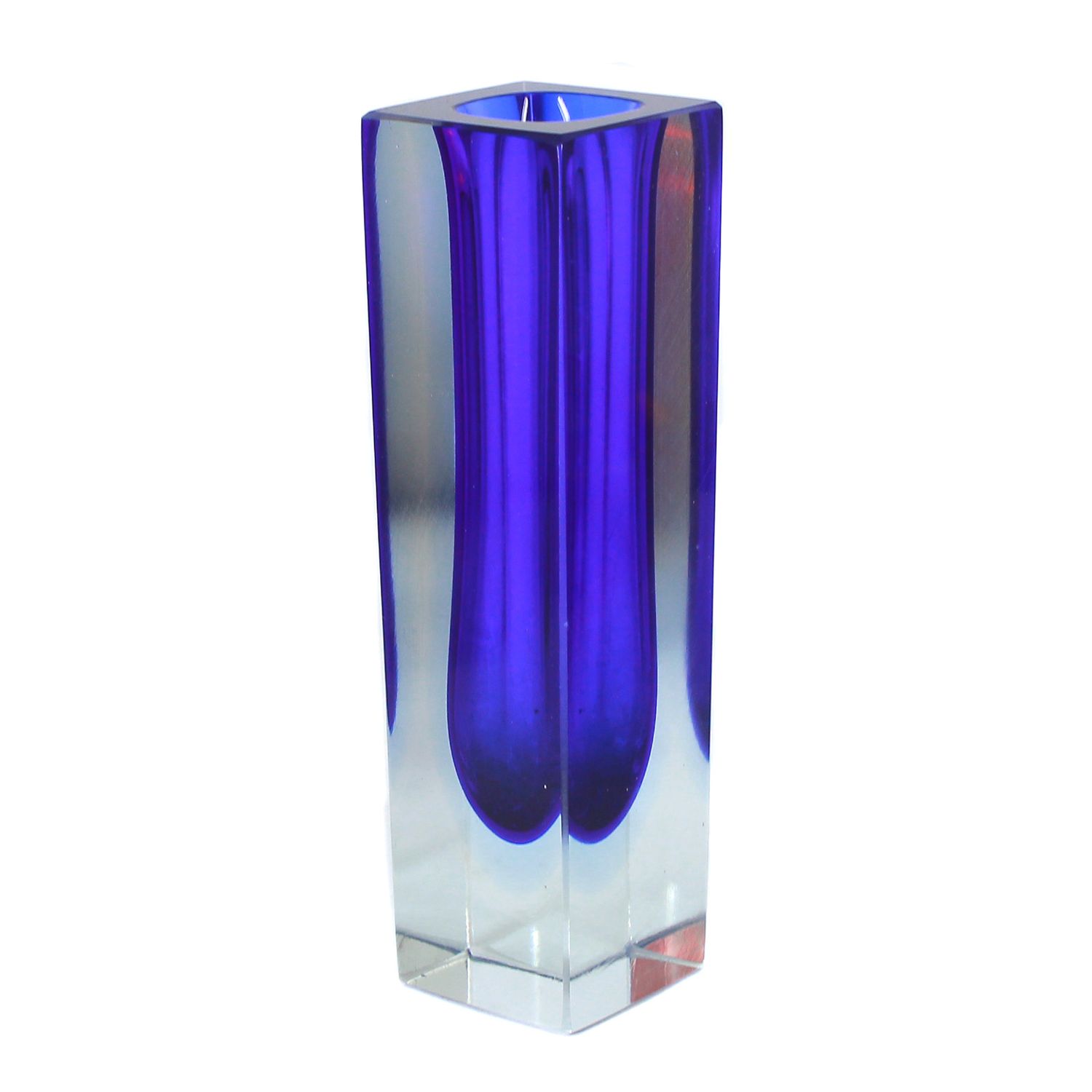 Block vase made of colorless glass with a dark blue inner catch and a light blue intermediate catch.