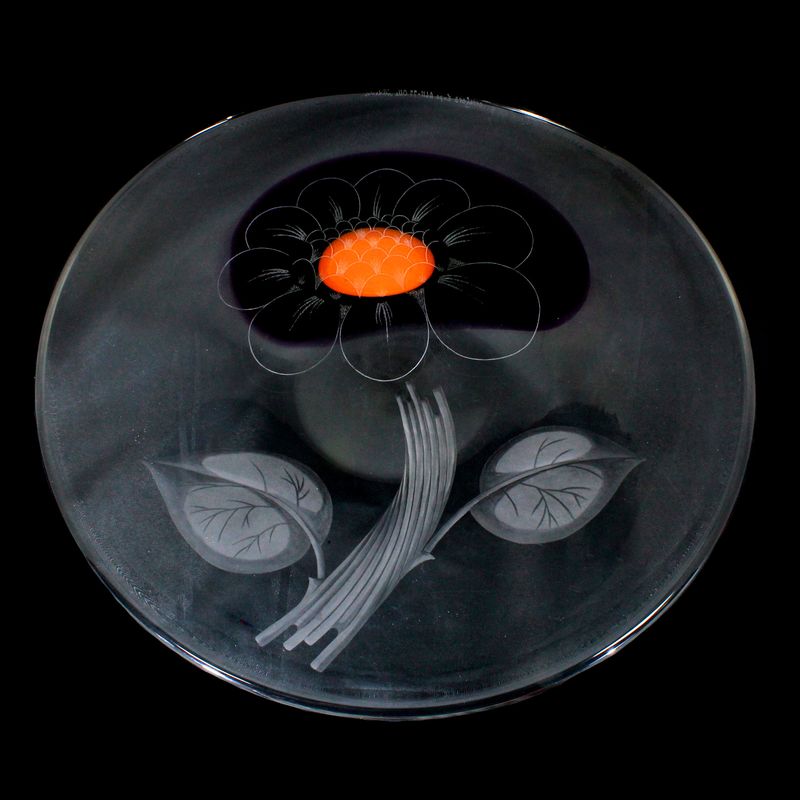 Bowl with engraved flower &amp; color melting, Orrefors, Olle Alberius around 1977