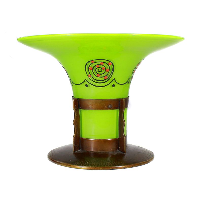 Art Nouveau vase made of opaque green glass with metal fittings, Reichenbach around 1906-10