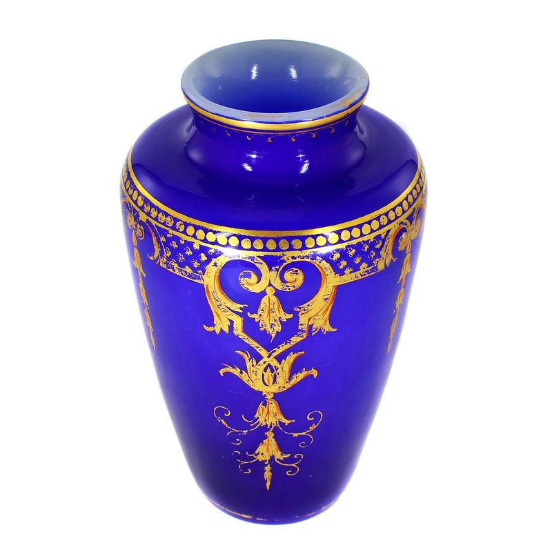 Vase made of opal glass with royal blue overlay and gold painting, Russia around 1870