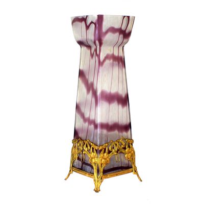 Tall Art Nouveau vase with thread decoration and metal fittings, Bohemia around 1900