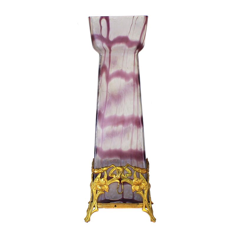 Tall Art Nouveau vase with thread decoration and metal fittings, Bohemia around 1900