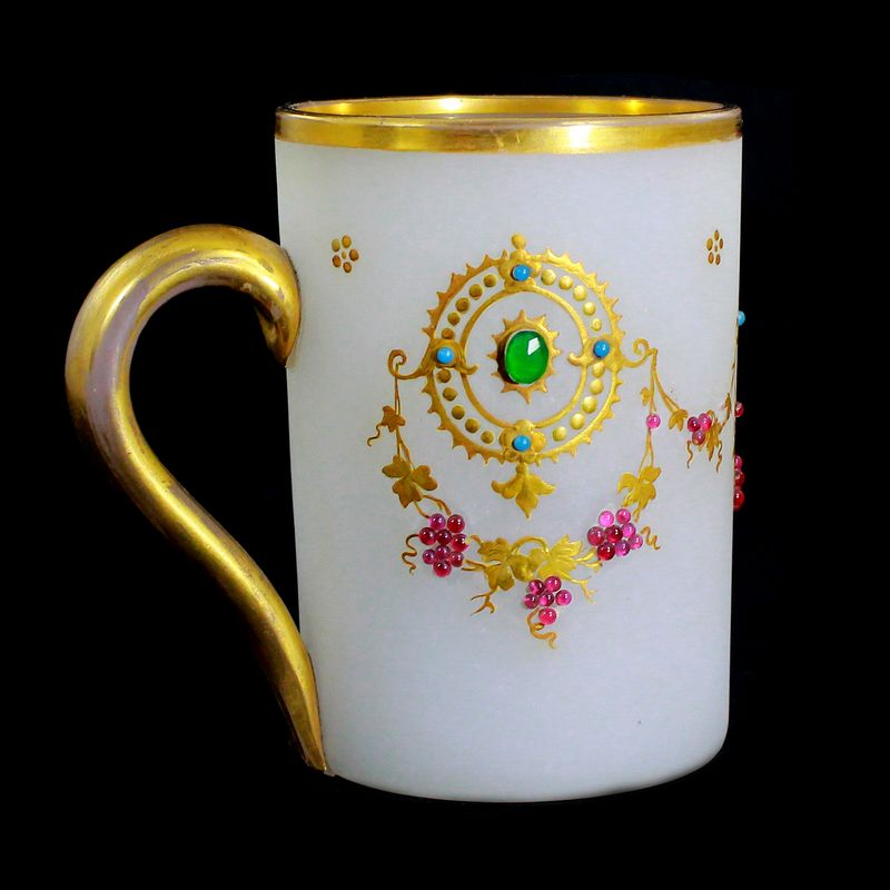 Handle cup made of white alabaster glass with mock stones and glass beads around 1855