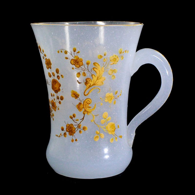 Mug with handle, opaque white glass with enamel painting, Josephinenhütte around 1860-70