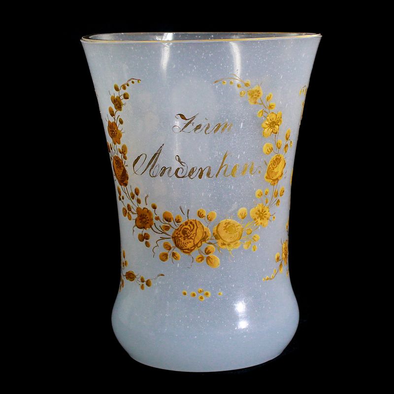Mug with handle, opaque white glass with enamel painting, Josephinenhütte around 1860-70