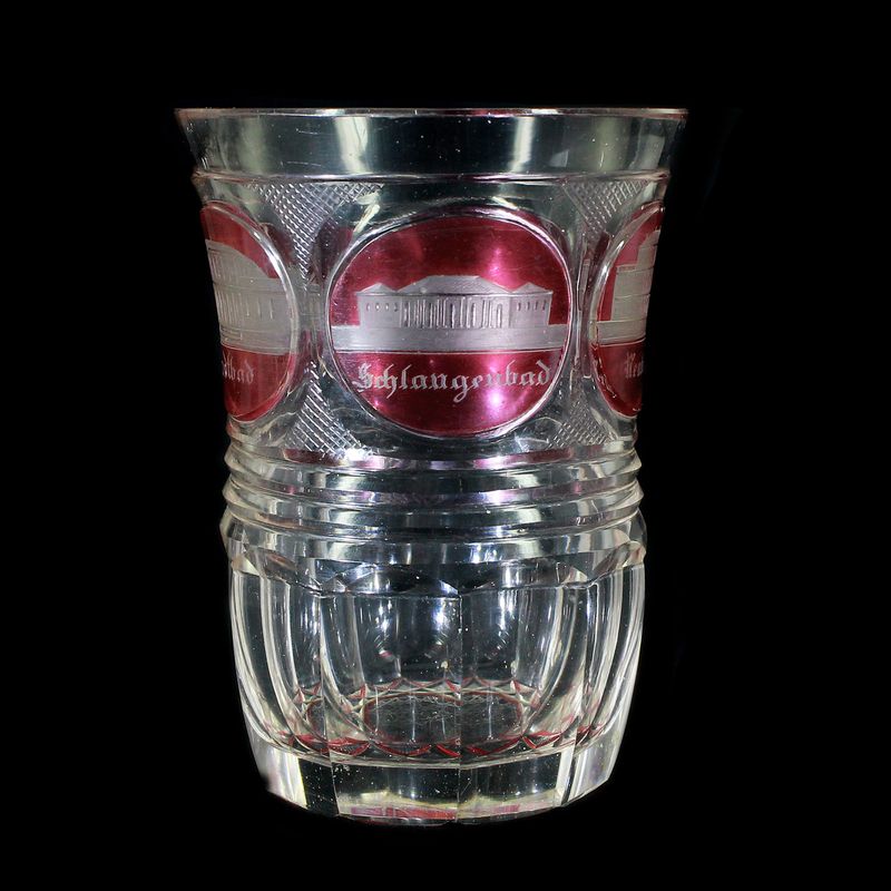 Views / bath glass with round medallion from Steinbad, etc., Bohemia around 1850