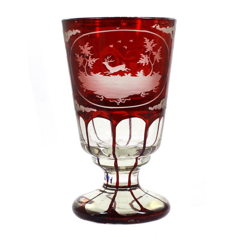Ruby red glazed friendship cup with engraved oval fields, ca. 1870-90