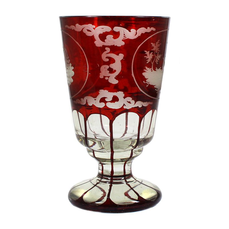 Ruby red glazed friendship cup with engraved oval fields, ca. 1870-90