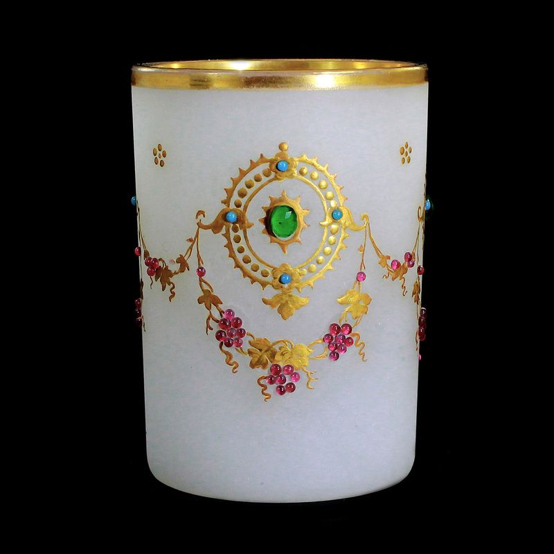 Handle cup made of white alabaster glass with mock stones and glass beads around 1855