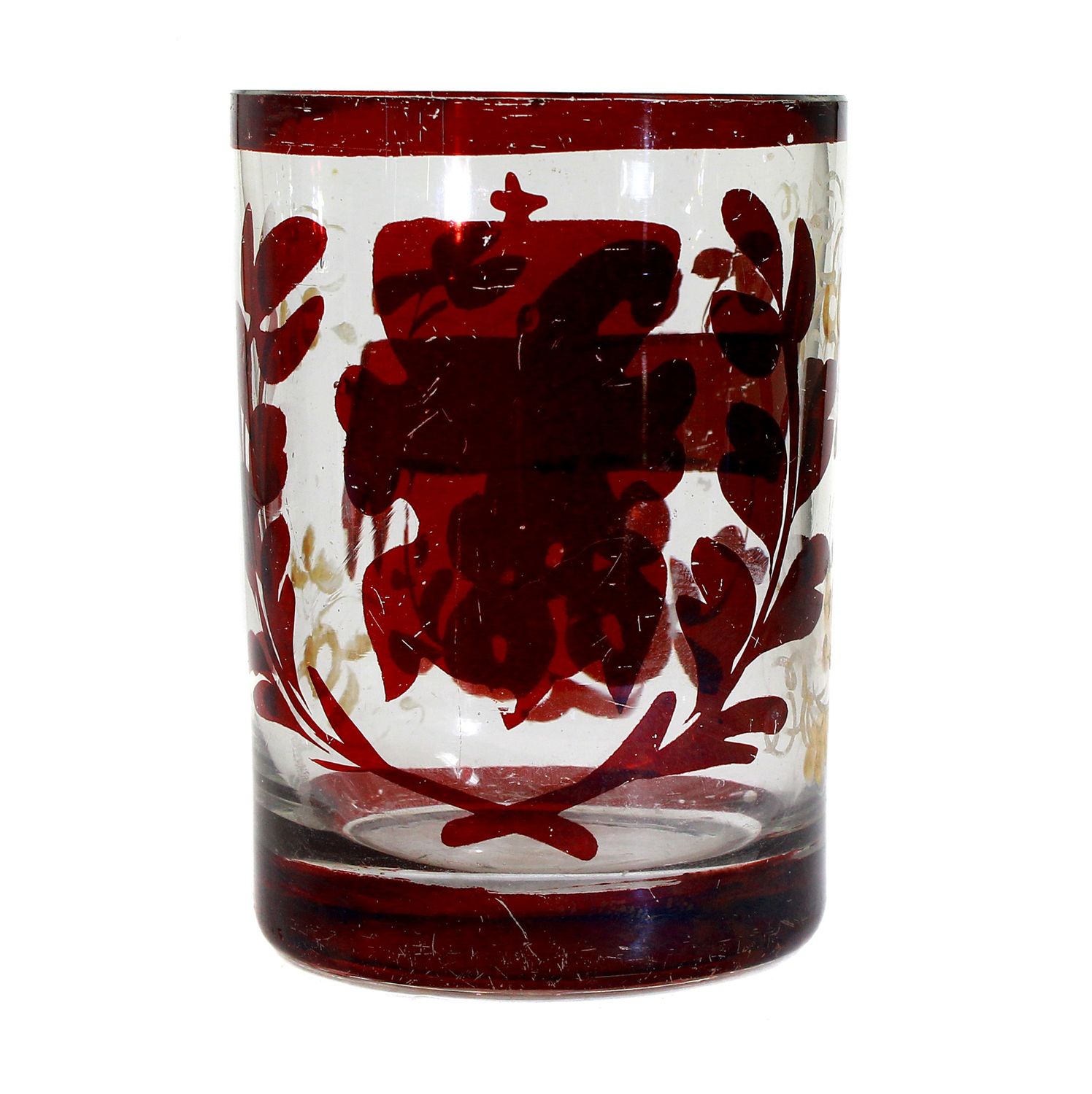 Mug with coat of arms in laurel wreath in ruby ​​red glaze painting