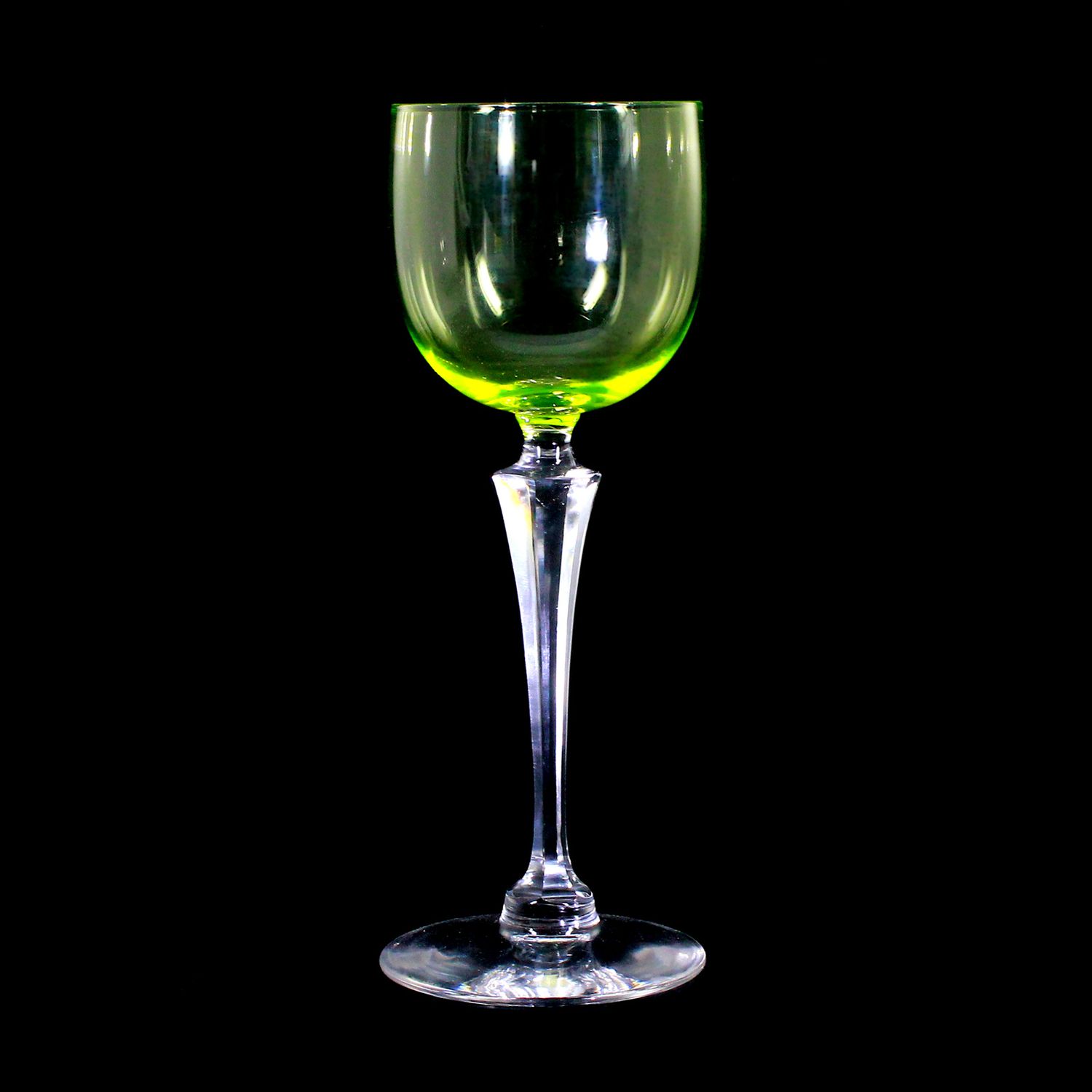 Stem glass made of colorless glass with uranium-containing cup, German around 1900