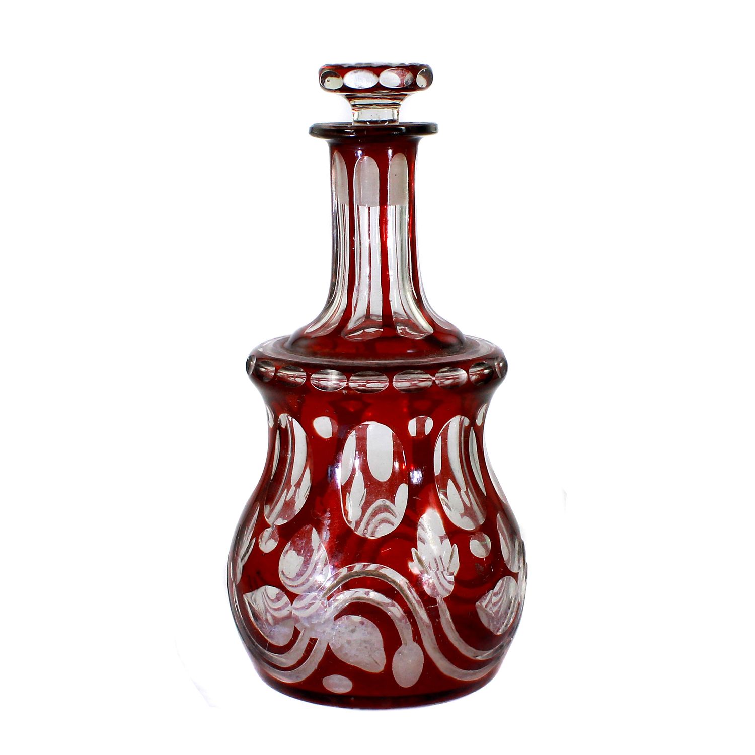 Night bottle with ruby ​​red glaze and cut ornamentation, Bohemia around 1860-70