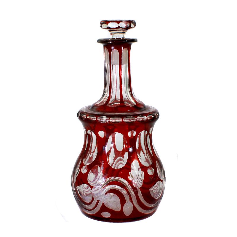 Night bottle with ruby ​​red glaze and cut ornamentation, Bohemia around 1860-70