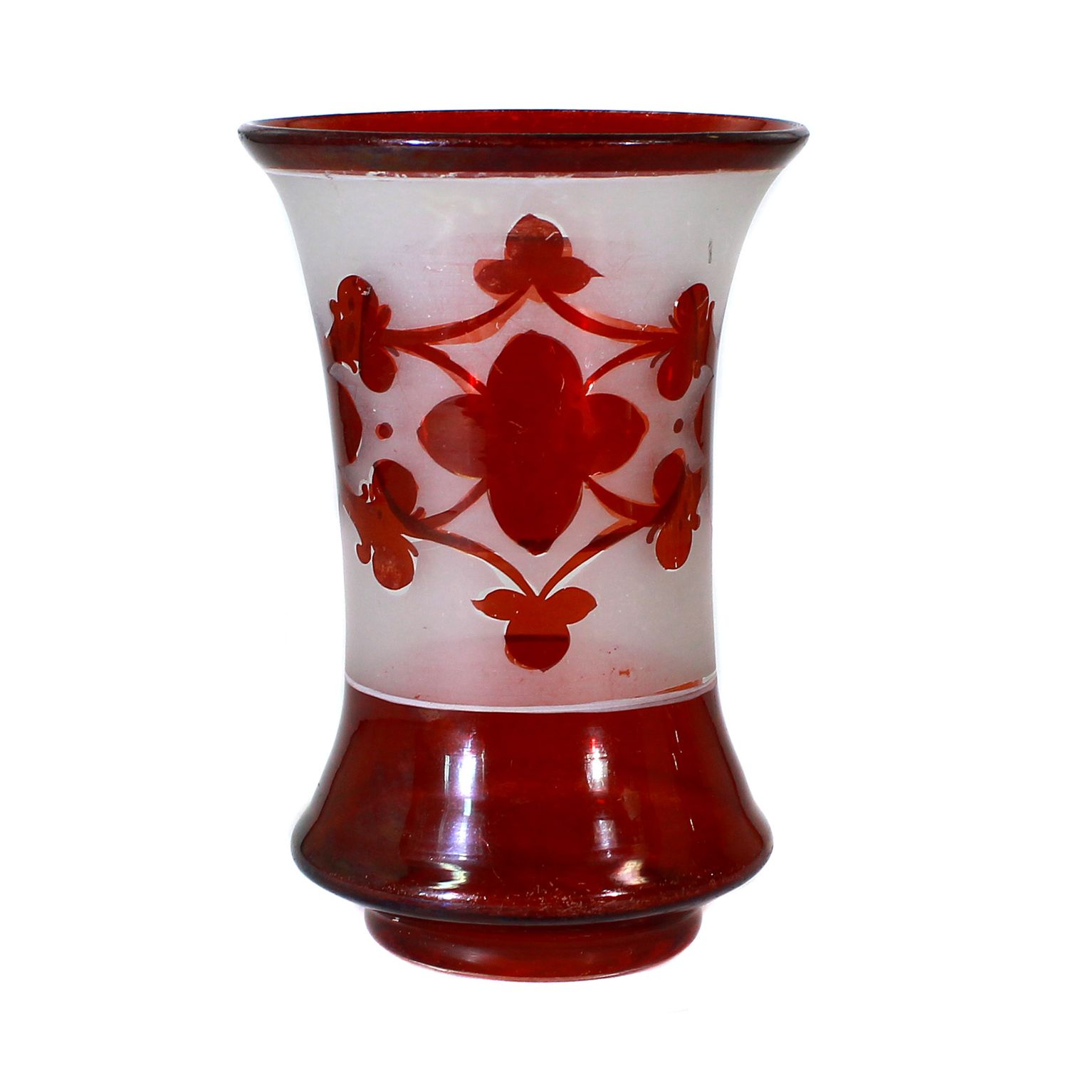 Red glazed cup with etched surface and decorative ornaments, Bohemia around 1870