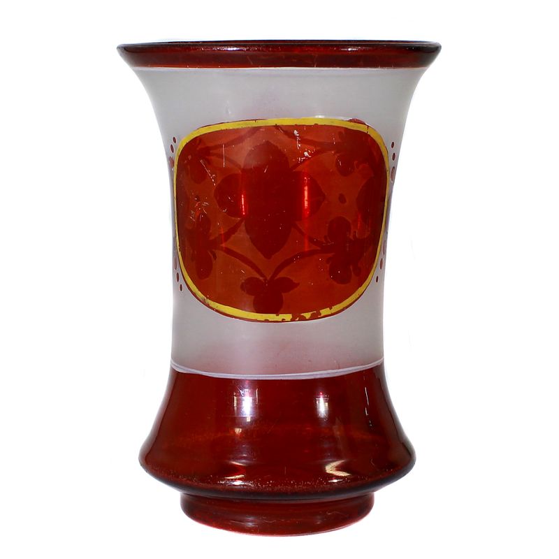Red glazed cup with etched surface and decorative ornaments, Bohemia around 1870