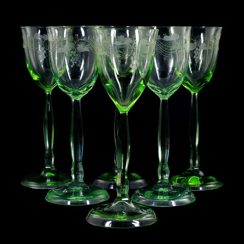 1st of 6. Stem glasses made of uranium-colored glass, designed by Bruno Mauder, Regenhütte