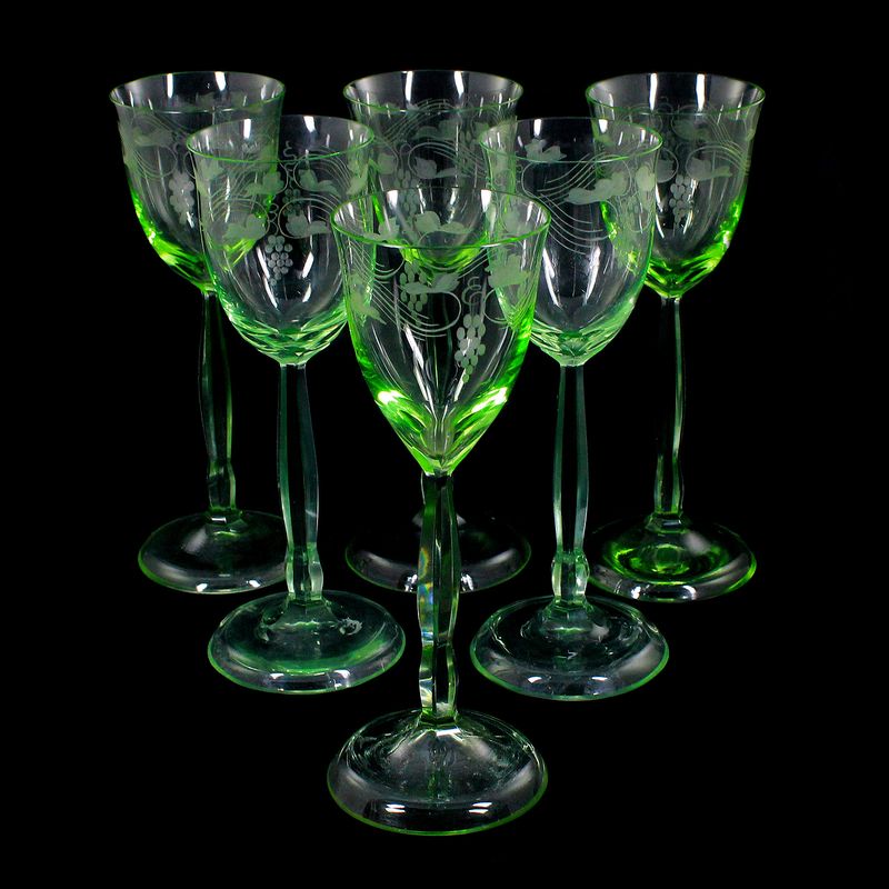 1st of 6. Stem glasses made of uranium-colored glass, designed by Bruno Mauder, Regenhütte