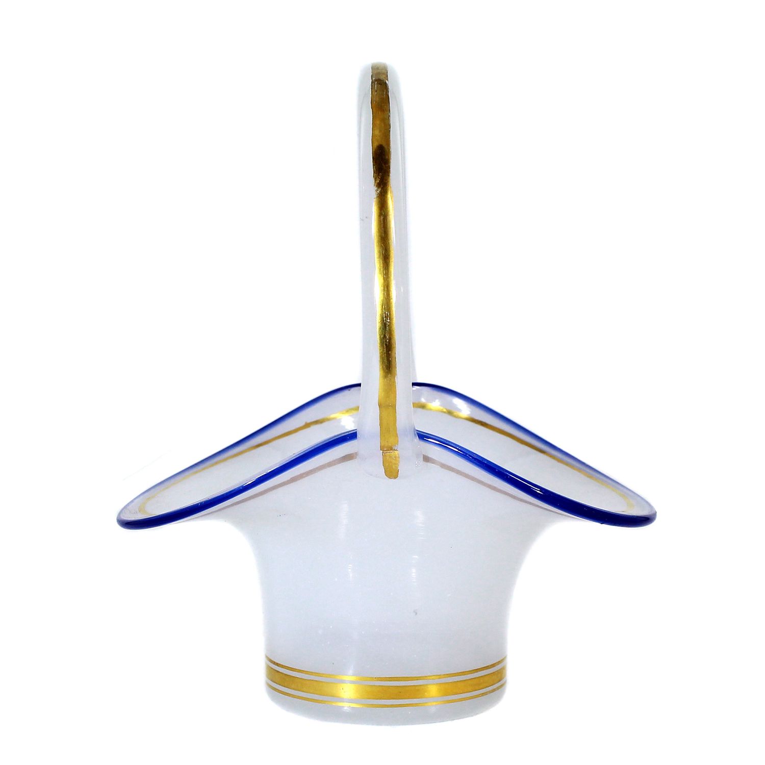 Handle basket made of white alabaster glass with applied blue thread, Josephinenhütte