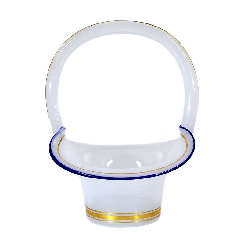 Handle basket made of white alabaster glass with applied blue thread, Josephinenhütte
