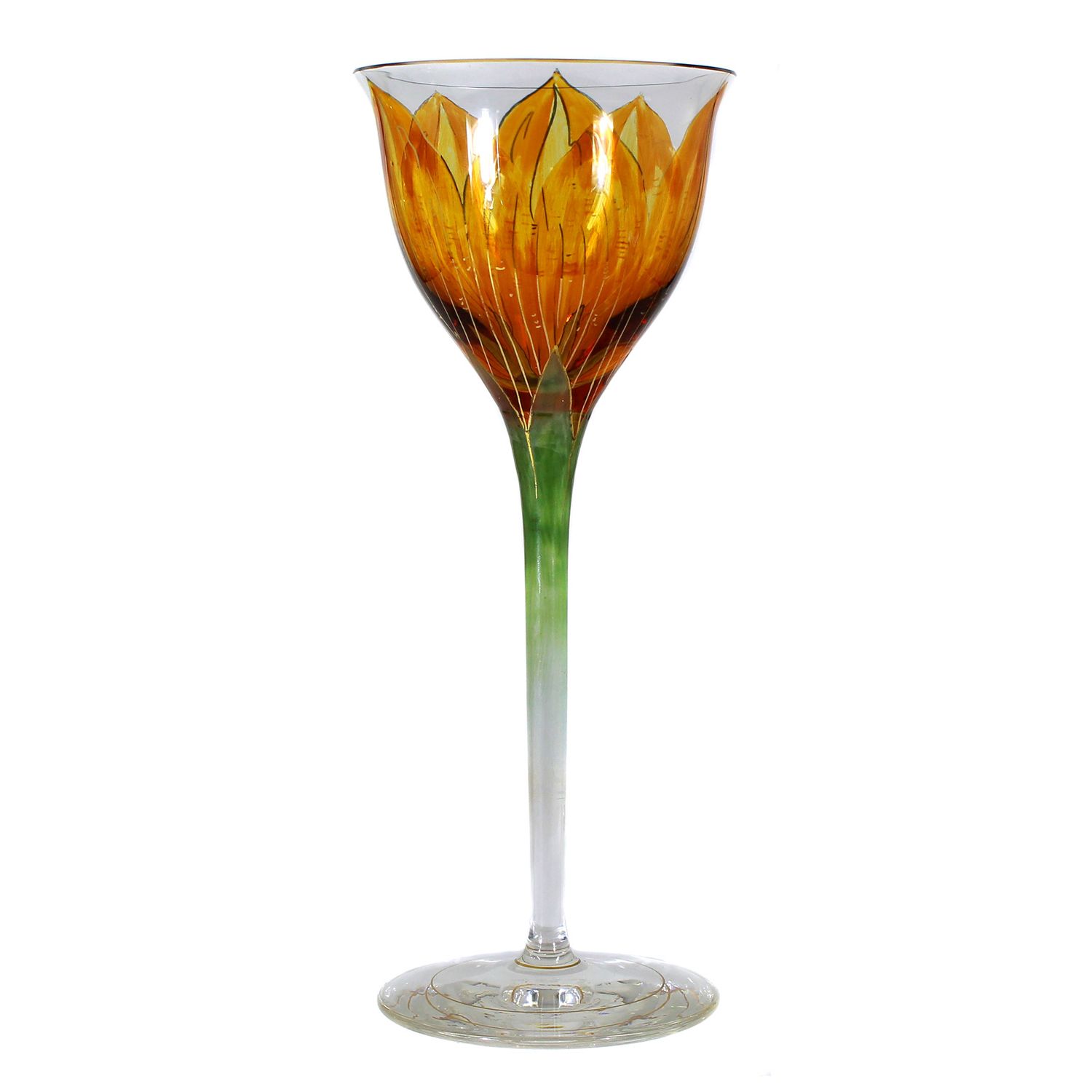 Stem glass with orange transparent enamel painting, F. Heckert, duck. Sütterlin around 1905