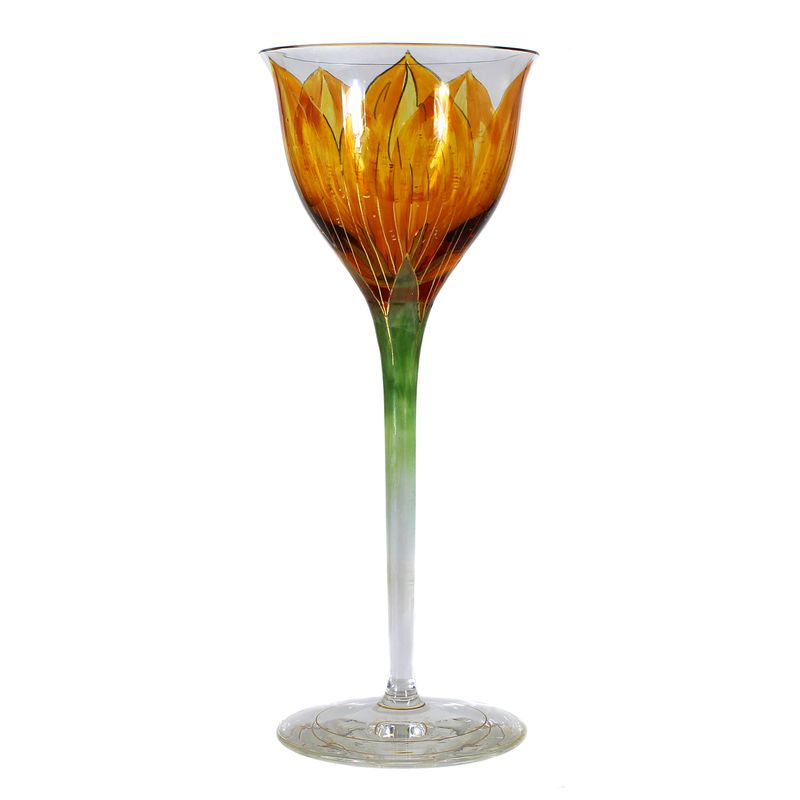 Stem glass with orange transparent enamel painting, F. Heckert, duck. Sütterlin around 1905