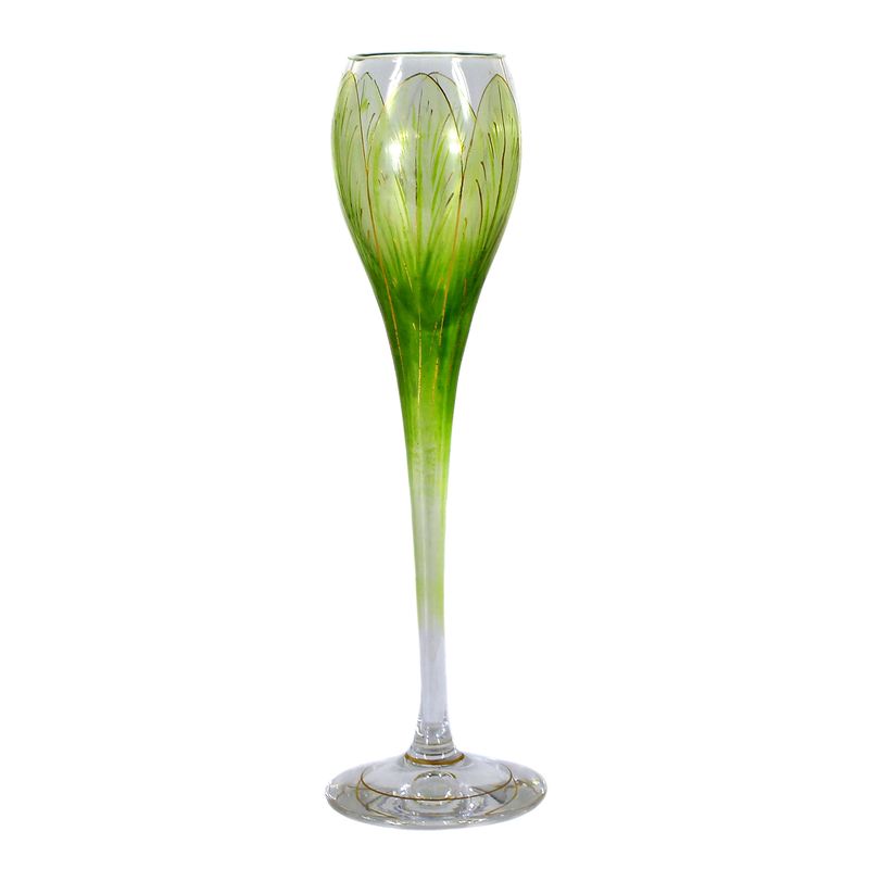 Stem glass with green transparent enamel painting, F. Heckert, duck. Sütterlin around 1905