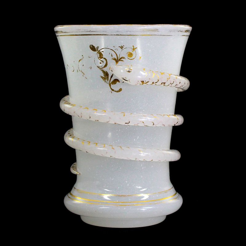 Cup made of white alabaster glass with a snake running around it, Josephinenhütte around 1850