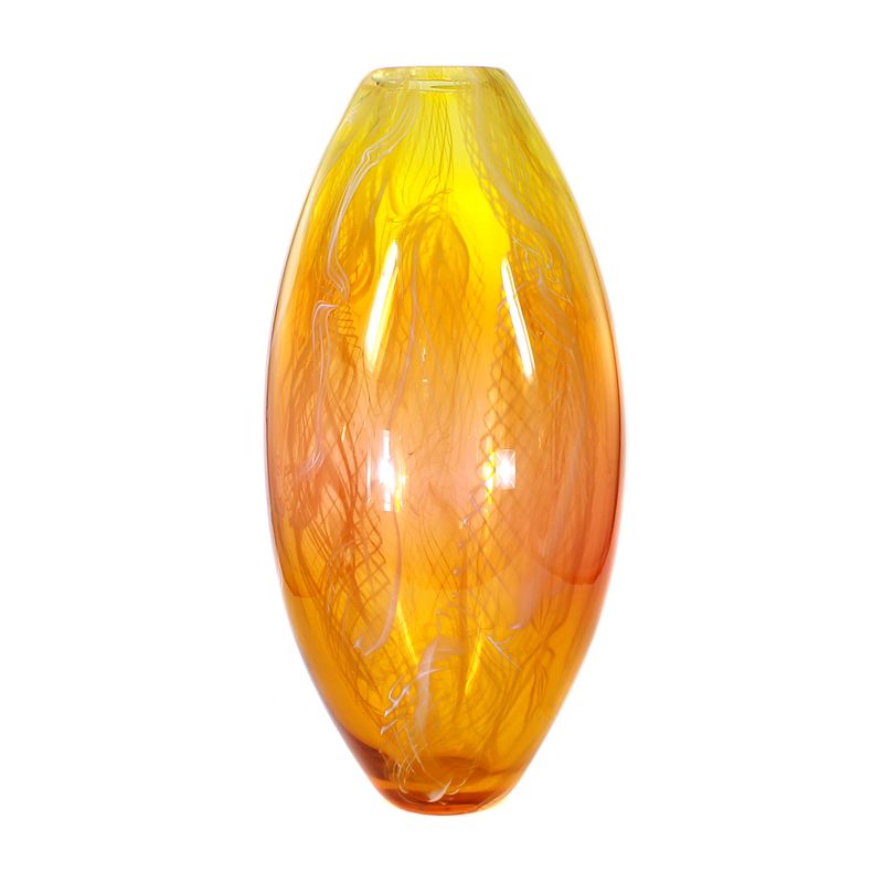 Tall studio glass vase with opaque white thread inlays, Richard Price