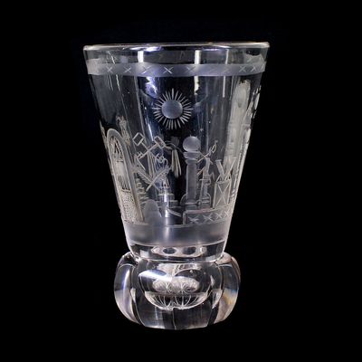 Heavy lodge glass with all-round cut Masonic symbols and snake