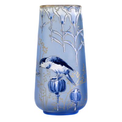 Vase aus hellblauem Glas mit Emailmalerei, Legras &amp; Cie, Montjoye um 1900