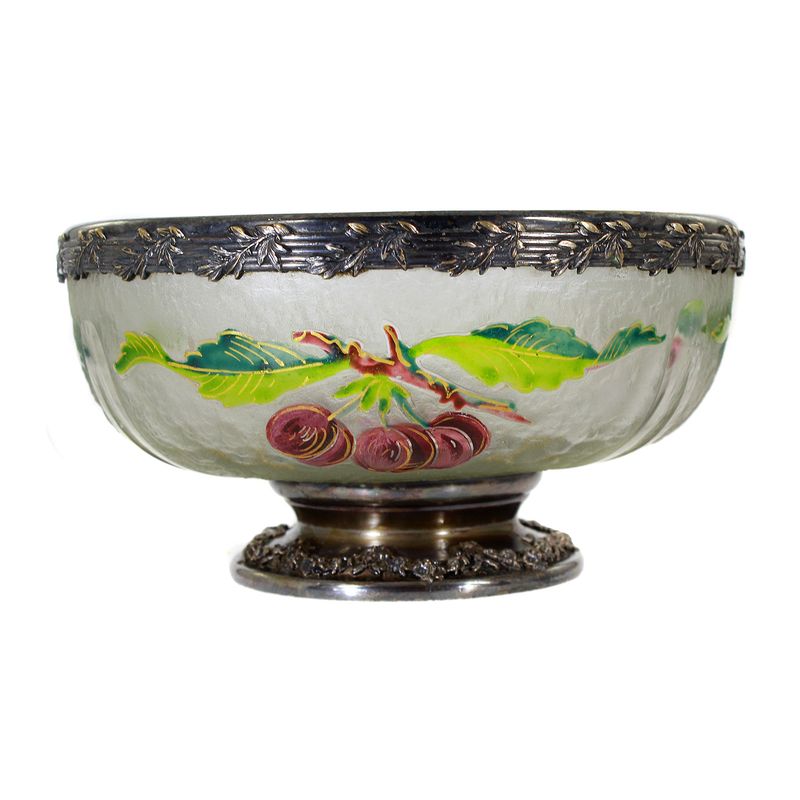 Glass bowl with cherry blossom decoration and silver-plated mount, Lorrain around 1900