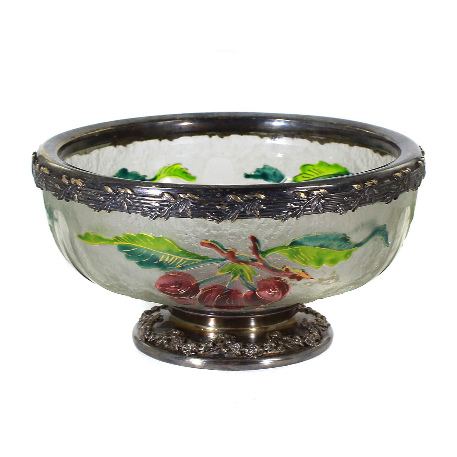 Glass bowl with cherry blossom decoration and silver-plated mount, Lorrain around 1900