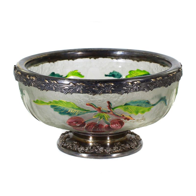 Glass bowl with cherry blossom decoration and silver-plated mount, Lorrain around 1900