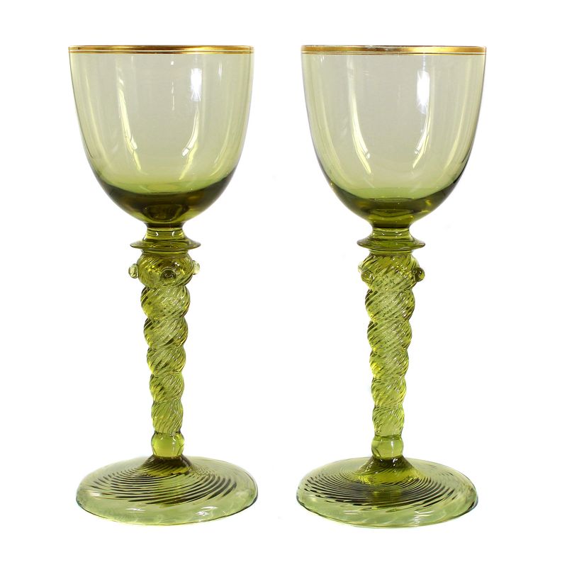Pair of Romans made of olive green glass with grooved decoration, Josephinenhütte around 1900