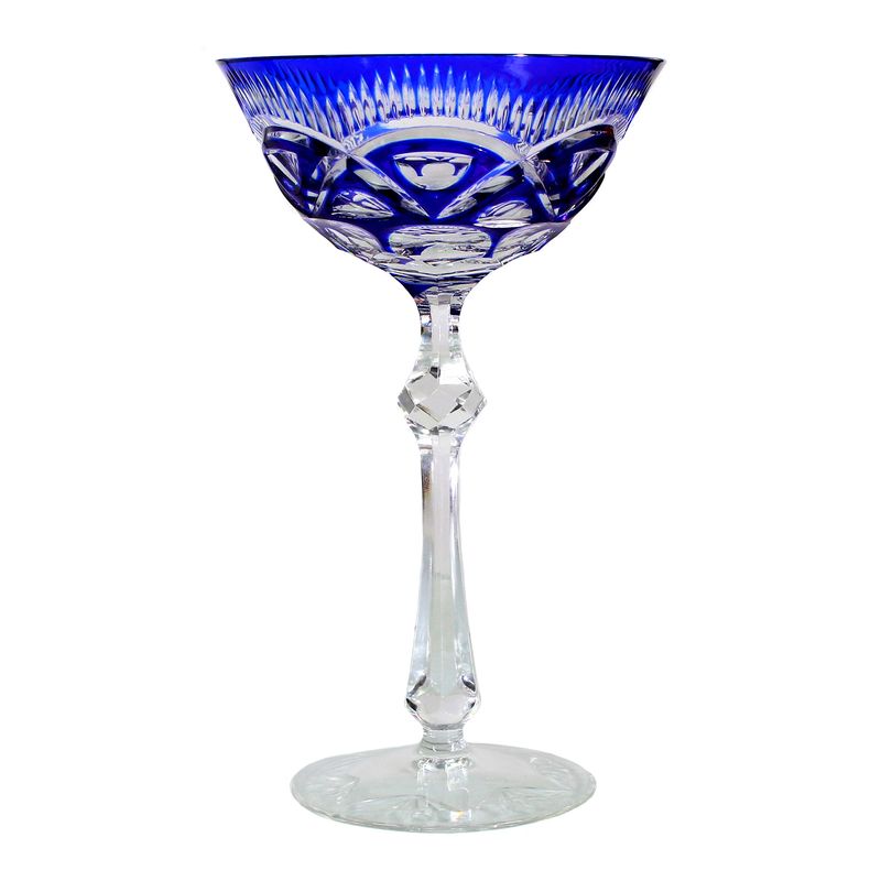 Champagne bowl with cobalt blue overlay and decorative cut decoration, probably Knittel around 1930