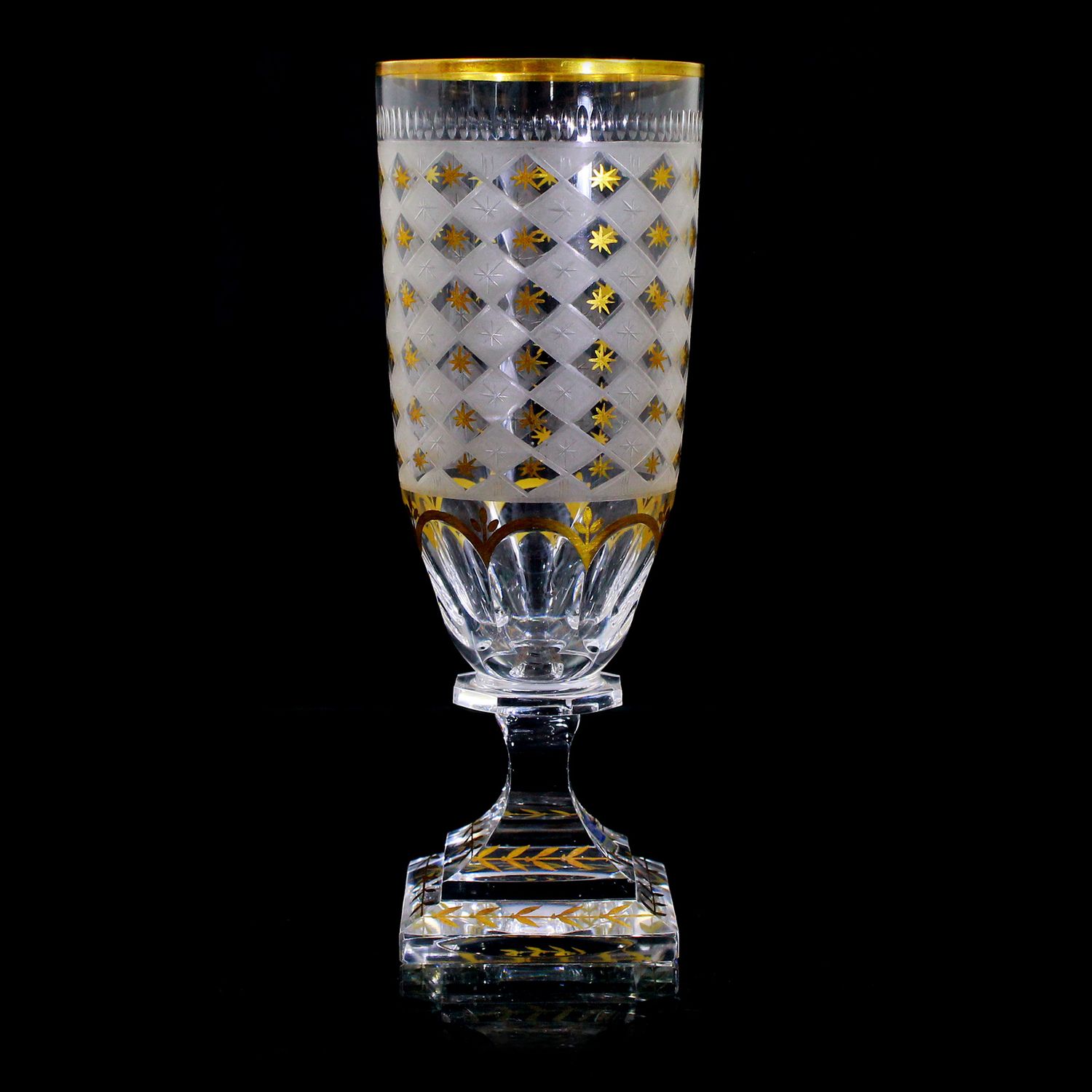 Champagne glass with square plinth, diamond pattern and lancet cut, Kosta