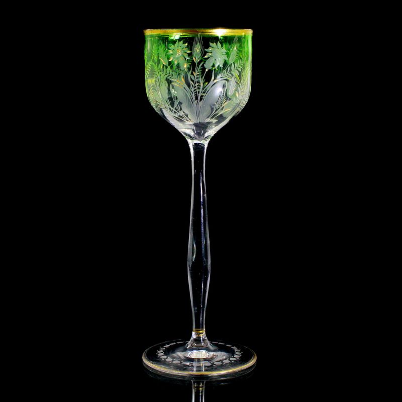 Stem glass with engraved flower decoration, bowl light green, Moser around 1900