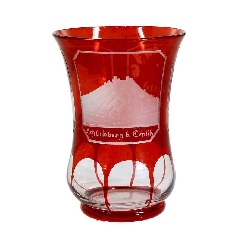 Mug made of ruby ​​red glazed glass with views of Schlossberg &amp; Stephansbad