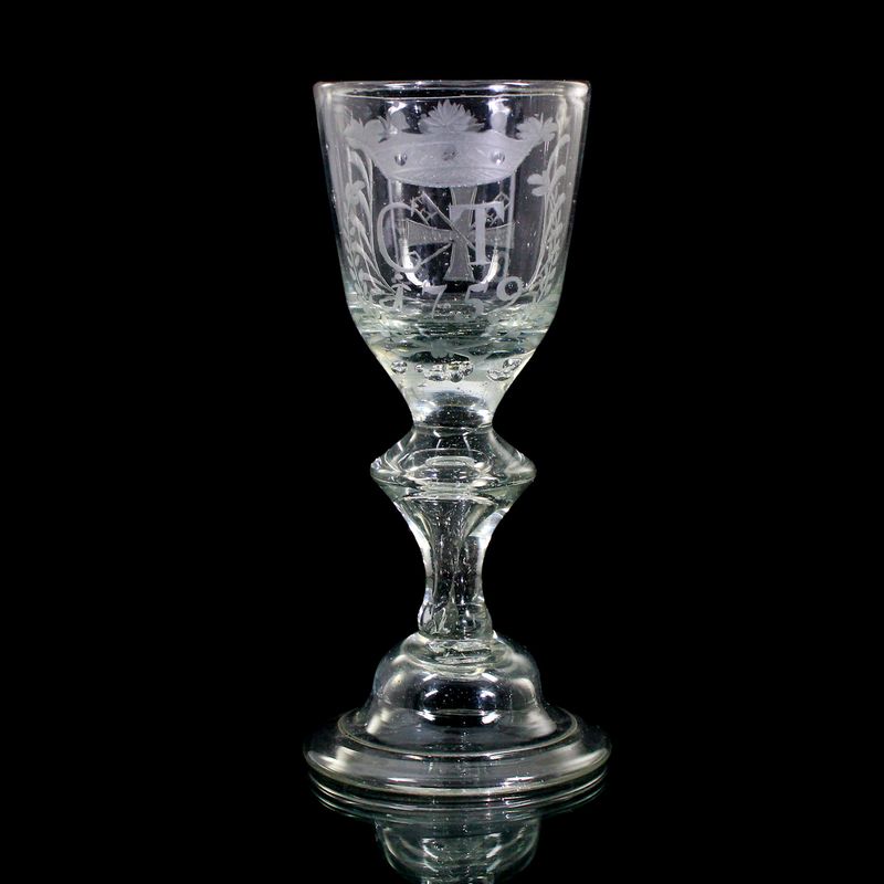 2 goblets with bell base, engraved crown and monogram, dated 1759 &amp; 1766