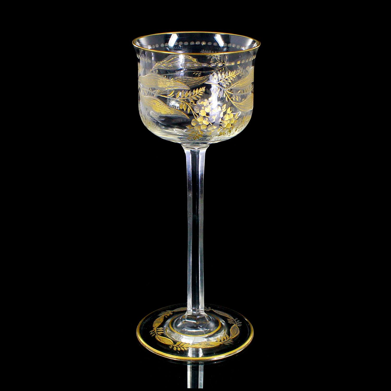 Stem glass with engraved floral decoration and polished gold application, around 1900