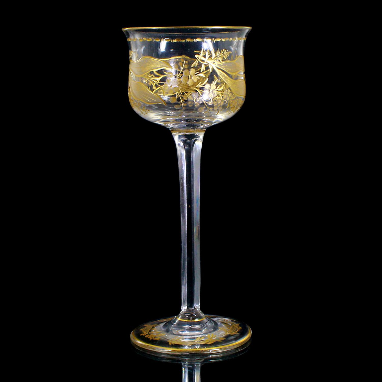 Art Nouveau stem glass with engraved decoration &amp; polished gold, w. Josephinenhütte