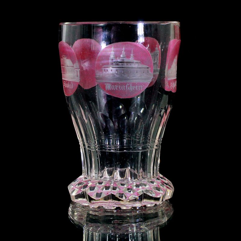 Footed cup with pink glazed and cut views, Bohemia around 1835-40