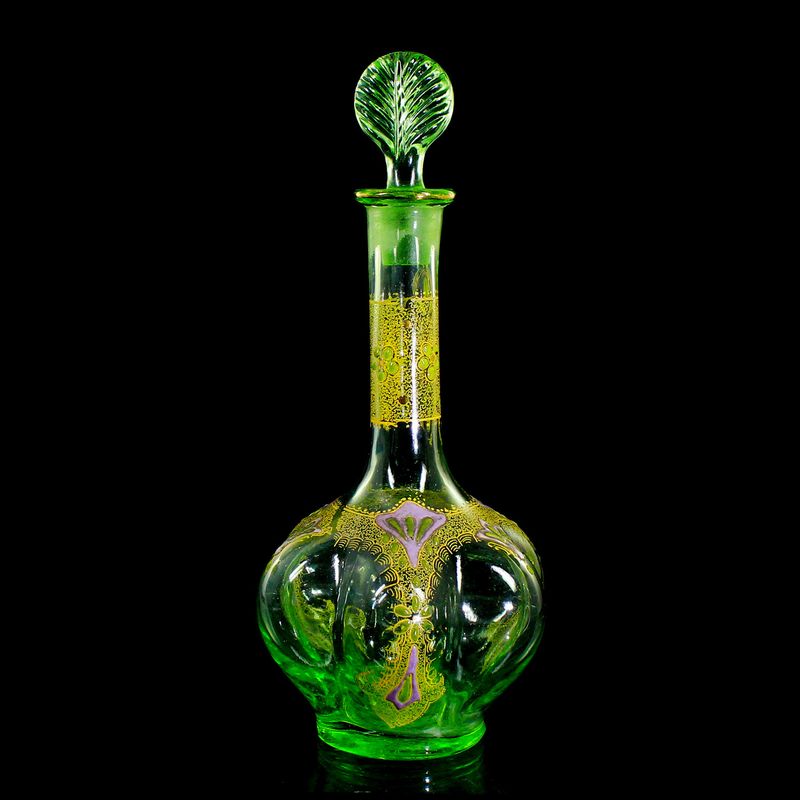 Carafe with stopper made of light green glass with enamel painting, Legras &amp; Cie around 1900
