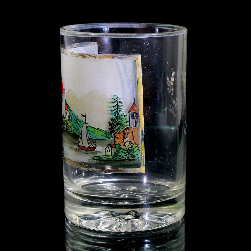 Mug with star rosette and painted view, Buquoy'sche Glashütten around 1810