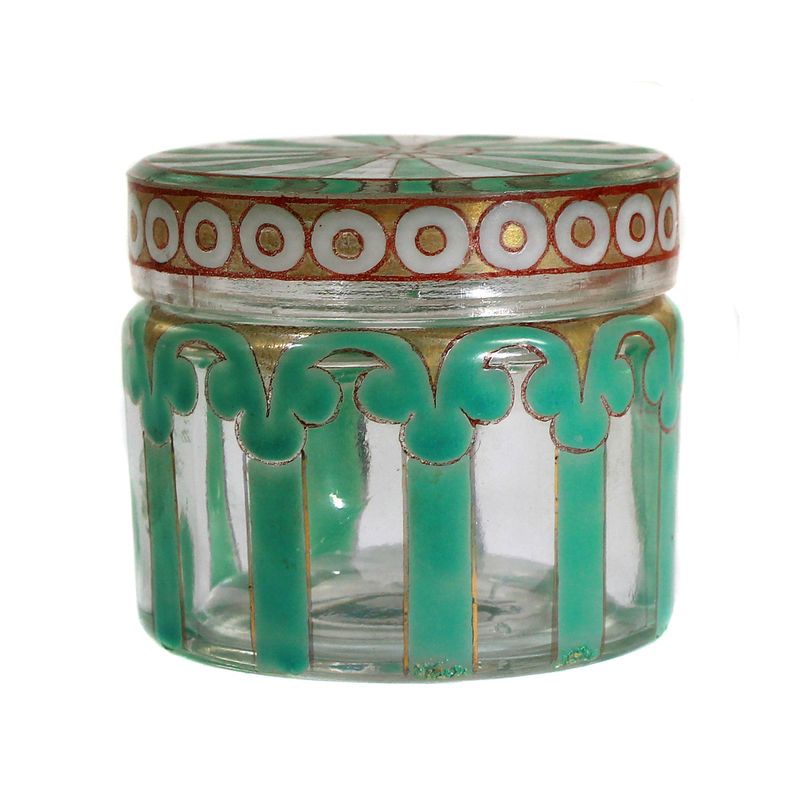 Lidded box with geometric decoration in polychrome enamel painting, around 1910-20.