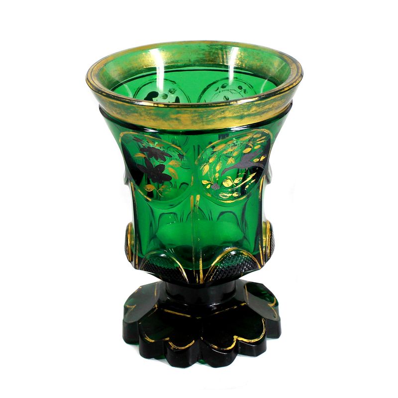 Green glass cup with silver &amp; gold painting, Russia or Bohemia around 1840